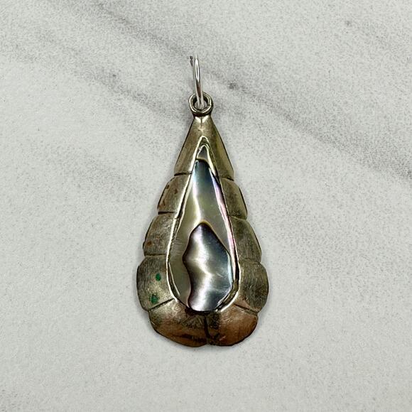 Vintage Jewelry - Vintage Alpaca Mexico Silver Tone Abalone Shell Inlay Upcycled Pendant